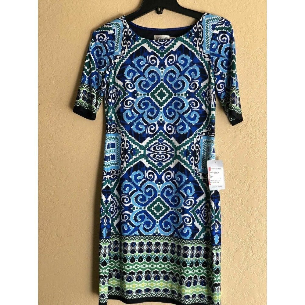 Eliza J Blue Abstract Print Shift Dress Size 0 Lined Knit Dress - Picture 7 of 12